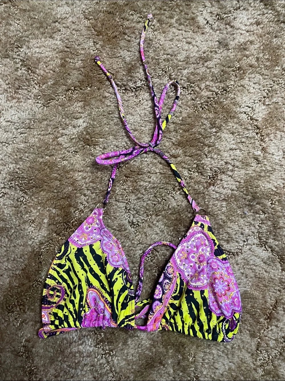 Luli Fama Miami Y2K Multi Color Triangle Halter Bikini Top Size Medium